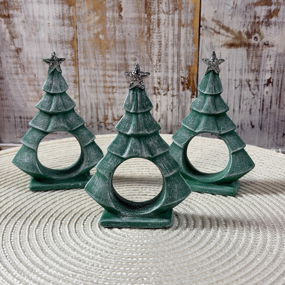 Vtg Set Of 3 Ceramic Green Christmas Trees With Gold Stars Napkin Rings, Decor